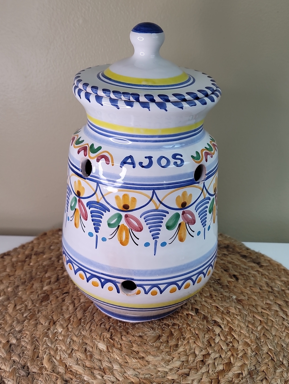 Spanish Hand-Painted Rustic Stoneware Ajos Garlic Keeper